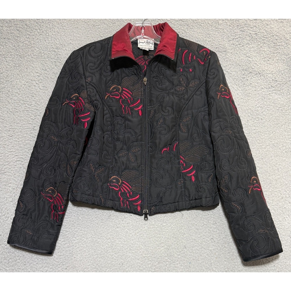 Joseph Ribkoff Quilted Veston Jacket Bumblebee Black w/Red Embroidered Size 8